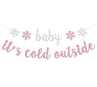 Bannière « Baby It's Cold Outside », « A Little Snowflake is on the Way », « Welcome Sweet Snowflake, Winter Girls » - Décoration de fête prénatale - Rose pailleté