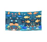 Bannière bleue à suspendre avec motif monde sous-marin de poissons - 177,8 x 88,9 cm - Bannière de fête de Noël - 180 x 90 cm