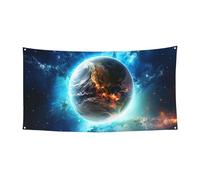 Bannière bleue « Terre dans l'espace » - Décoration de fête d'anniversaire - Photographie - Bannières et panneaux - Décoration murale - Fournitures de fête - 177,8 x 88,9 cm