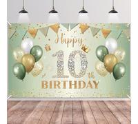 Bannière BTZO Joie 10ème Anniversaire Vert Sauge Or - Décoration Fête d'Anniversaire 10 Ans, 180×110cm pour Filles et Garçons