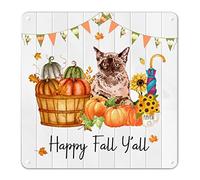 Bannière citrouille en étain avec motif chat et tournesol - Panneau en métal Happy Fall Y'all - Décoration à suspendre pour la ferme, la maison, la cuisine, la table, la cheminée, la cheminée - 30,5 x