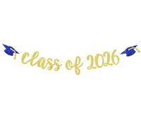 Bannière « Class of 2026 » - Bannière de remise de diplôme 2026, félicitations, lycée, université, décorations de fête de remise de diplôme, dorées et bleues
