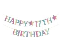 Bannière colorée « Happy 17th Birthday » - Guirlande de fête d'anniversaire pour adolescent garçon fille - Cadeau parfait pour dix-sept ans - Décorations de fête de 17 ans - Paillettes arc-en-ciel