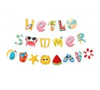 Bannière colorée « Hello Summer » avec motifs de plage, décorations de fête de piscine, guirlande de fanions d'été, anniversaire, fête de plage, fournitures pour intérieur/extérieur, cheminée,