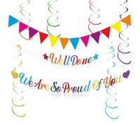 Bannière colorée « We Are So Proud of You Well Done » - Fournitures de fête - Décorations de remise de diplôme - Bannière de félicitations 2025 - Double spirale - Décoration pour fête de retraite