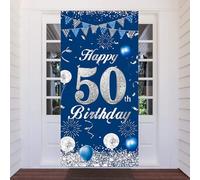 Bannière d‘Anniversaire 50 Ans, Décoration de Porte ou Murale Bleu Argenté avec Motif Ballons, Rubans et Feux d’Artifice, Décoration de Fête pour Célébrer les 50 Ans