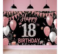 Bannière d'anniversaire 18 ans Noir Or rose 18 ans Décoration d'anniversaire Fille Extra Large Bannière en Tissu 180 x 110 cm 18e Décoration de fête Fond Décoration murale Décoration de table pour