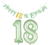 Bannière d'anniversaire « Alles Gute zum 18th Geburtstag » - Vert sauge 18 ans Décorations d'anniversaire à paillettes heureuses Guirlande de 18 ans, film 18 ballons chiffres pour filles garçons sauge