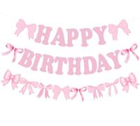Bannière d'anniversaire avec nœud « Happy Birthday » pré-enfilée - Bannière d'anniversaire pour filles - Décorations de fête d'anniversaire coquette - Décorations de fête d'anniversaire - Nœuds