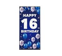 Bannière d'anniversaire bleue en tissu « Joyeux 16e anniversaire » pour garçons et filles ! Décoration pour jardin, photomaton, porte, intérieur et extérieur. Fête des 16 ans (Blue, 90x180cm)