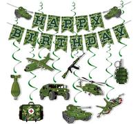 Bannière d'anniversaire camouflage à suspendre, bannière d'anniversaire à motif camouflage vert, tourbillon de plafond, soldat militaire, décoration de fête d'anniversaire sur le thème du camouflage