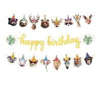 Bannière d'anniversaire d'animaux sauvages sur le thème de la jungle et du safari avec panneau « Happy Birthday » pour décoration murale de chambre d'enfant, garçons et filles