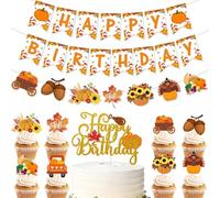 Bannière d'anniversaire d'automne et décorations de gâteau - Guirlande de Thanksgiving à faire soi-même avec drapeaux de citrouille de dinde et décorations de fête