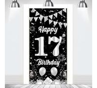 Bannière d'anniversaire Décoration Fond Porte Bannière Noir Argent, Garçons Filles 17 Joyeux Anniversaire Fond Porte Bannière Décor, Photographie Poster Photo Prop Anniversaire Fête Décor Fournitures