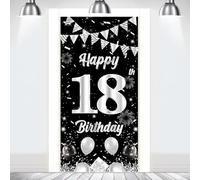 Bannière d'anniversaire Décoration Fond Porte Bannière Noir Argent, Garçons Filles 18 Joyeux Anniversaire Fond Porte Bannière Décor, Photographie Poster Photo Prop Anniversaire Fête Décor Fournitures