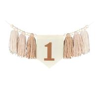 Bannière d'anniversaire, Joyeux Anniversaire Banderole, Guirlande Joyeux fête, Decoration en Bois et Pompons avec Perles pour Chaise Haute, Décoration Suspendue pour Fête, Célébration