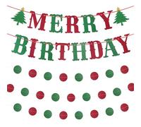 Bannière d'anniversaire « Merry », bannière d'anniversaire à paillettes rouge et vert, bannière de Noël « Happy Birthday » pour décorations de fête d'anniversaire, fête de Noël, décorations