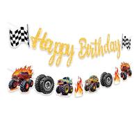 bannière d'anniversaire monster truck panneau d'anniversaire fire cars trucks avec guirlande accessoires de fête sur le thème de la voiture de course