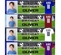 Bannière d'anniversaire personnalisée avec image - 140 x 35 cm - Décoration de fête personnalisée pour filles et garçons - Panneau de fête sur le thème du football pour enfants - Bleu foncé