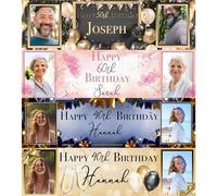 Bannière d'anniversaire personnalisée avec image - Décoration de fête personnalisée - Bannière Happy Birthday - 110 x 30 cm - Personnalisable pour tous les âges - Bleu marine doré - Petite taille