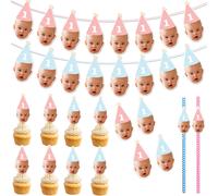 Bannière d'anniversaire personnalisée avec numéro d'âge, Photo de visage personnalisée, chapeau d'anniversaire, décoration de gâteau, pailles en papier, décor de fête d'anniversaire 20pcs sticker D