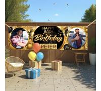 Bannière d'anniversaire personnalisée avec photo et nom - Ballon doré et noir - Pour homme et femme - En vinyle - Décoration imperméable