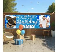 Bannière d'anniversaire personnalisée en vinyle imperméable avec photo et nom - 0,6 x 1,8 m - Ballon doré rose - Pour homme et femme