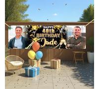 Bannière d'anniversaire personnalisée en vinyle imperméable avec photo et nom - 0,6 x 1,8 m - Ballon doré rose - Pour homme et femme