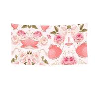 Bannière d'anniversaire romantique avec tasses à thé avec roses, bannière de fond de vacances (90 cm x 180 cm), adaptée pour la décoration de la cour, tissu mural exquis.