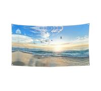 Bannière d'anniversaire « The Beach with Sea Birds », bannière de fond de vacances (90 cm x 180 cm), adaptée pour la décoration de cour intérieure, tissu mural exquis.