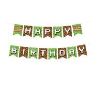 Bannière d'Anniversaire Thème Pixels, Bannière Joyeux Anniversaire Marron et Verte Thème Jeux Vidéo pour Enfants Garçons Filles Accessoires Décoration et Fond Photo (Assemblage Requis)