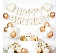 Bannière de ballons bohème neutre « Happy Birthday » - Lettres beiges en Mylar de 40,6 cm, ballons métalliques blanc perle et or champagne, ballons en aluminium crème en forme de cœur pour femmes et
