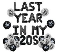 Bannière de ballons en aluminium « Last Year in My 20S » - Décorations de 29e anniversaire - Ballons noirs et argentés pour femme et homme