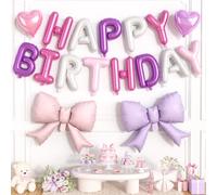 Bannière de ballons « Happy Birthday » avec nœud rose de 53,3 cm, ensemble de ballons en aluminium en forme de cœur de 25,4 cm pour filles et femmes, décorations d'anniversaire de princesse, coquette