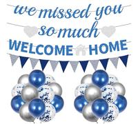 Bannière de ballons « Welcome Home Decorations » - 28 pièces - Bannières « We Will Missed You » - Ballons en latex bleu argenté pour pendaison de crémaillère, fête prénatale, fête prénatale