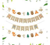 Bannière de Baptême Bienvenue Bébé Forêt + Décoration Murale Animaux + Kit Complet pour Baby Shower + 2 Décorations Animaux + Bannières de Haute Qualité + Taille 18x13 cm