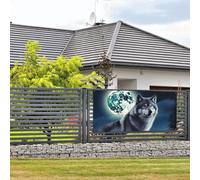 Bannière de bienvenue - Bannière de vacances loup sous la lune - Bannière murale à suspendre - Drapeau photo - Toile de fond avec 4 trous - Panneau de porche - Décoration de fête - Petite taille