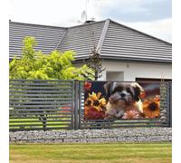 Bannière de bienvenue - Bannière de vacances Shih Tzu - Chien et fleurs - Bannière murale à suspendre - Drapeau photo - Toile de fond avec 4 trous - Bannière de porte - Décoration de fête - Petite