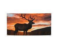 Bannière de bienvenue - Drapeau de fête - Toile de fond - Bannière de fond - Cerf rouge, taureau, élan, coucher de soleil - Accessoires photo pour clôture, anniversaire, jardin, fête - Décoration