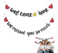bannière de bienvenue noire pour décoration de retour à la maison - 2 guirlandes avec cœurs rouges - message Welcome Home et We Miss You - fête surprise, déco cheminée, table ou mur