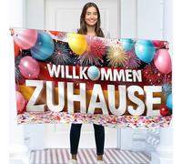 Bannière de bienvenue pour la maison 150 x 90 cm - Guirlande de bienvenue - Décoration de retour - Impression numérique vivante - Polyester 110D - Double couture (multicolore)