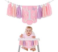 Bannière de chaise haute papillon pour 1er anniversaire - Bannière de chaise haute avec pompon fée papillon, décoration d'anniversaire pour filles (rose et violet)