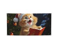 Bannière de chants de Noël en forme de chat mignon pour décoration extérieure « Happy Birthday » - Bannières de Noël, clôture, drapeau à suspendre, décoration de la maison pour fête, mariage,