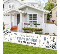 Bannière de cour de cowboy pour 2e anniversaire - 3 x 0,5 m - Bleu et marron - Inscription « This Ain't My First Rodeo It's My Second Yard » - Décoration d'extérieur - Cowboy occidental - Deuxième