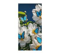 Bannière de couverture de porte avec fleurs blanches et papillons bleus 90 x 180 cm - Bannières de bienvenue saisonnières - Décoration verticale à suspendre pour porche, entrée, jardin