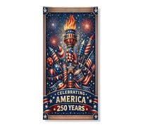 Bannière de couverture de porte « Celebrating America 250 Years » - Motif torche patriotique vintage pour le jour de l'indépendance, décoration extérieure et intérieure - 91,4 x 183 cm
