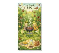 Bannière de couverture de porte de barbecue Famille d'amphibiens, grenouilles vertes ludiques pour la cuisine en plein air, fournitures de fête de jardin d'été, 91,4 x 183 cm