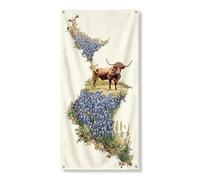 Bannière de couverture de porte de paysage à fleurs bleues du Texas, vache longue rustique, fleurs sauvages, décoration de printemps, festival d'intérieur et d'extérieur, décoration d'intérieur, 91,4