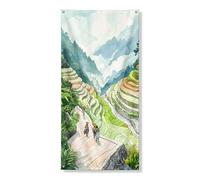 Bannière de couverture de porte de terrasse de montagne, décoration scénique, aquarelle, champs de riz, œuvre d'art de randonnée, fournitures de festival de nature en été en plein air, 91,4 x 183 cm
