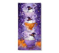 Bannière de couverture de porte d'Halloween fantômes dans des tasses, violet et orange, décoration de porte d'entrée, festival d'intérieur et d'extérieur, fournitures de vacances 91,4 x 183 cm